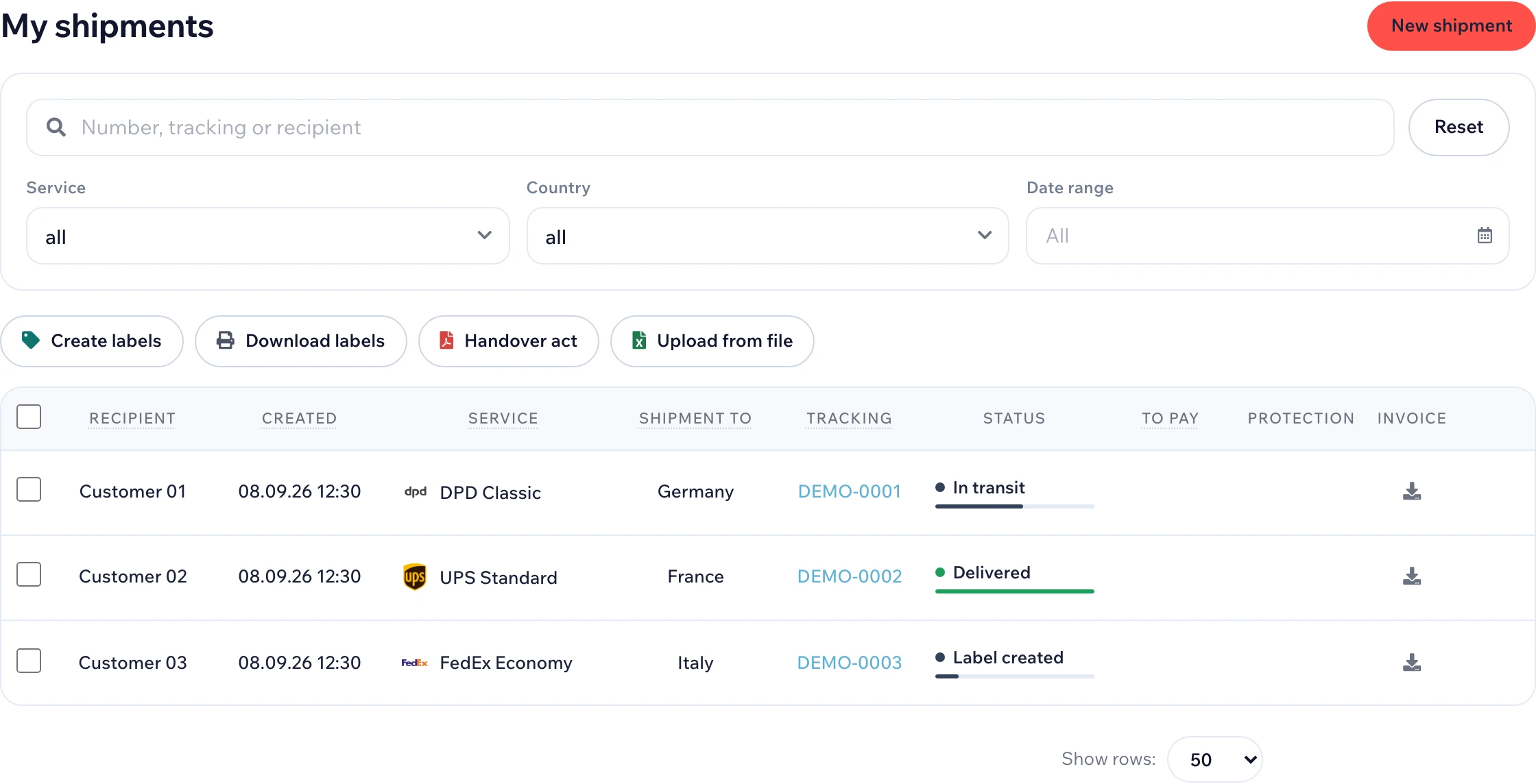 YouSend account: shipment list, carriers, delivery statuses and label printing. Demo orders.